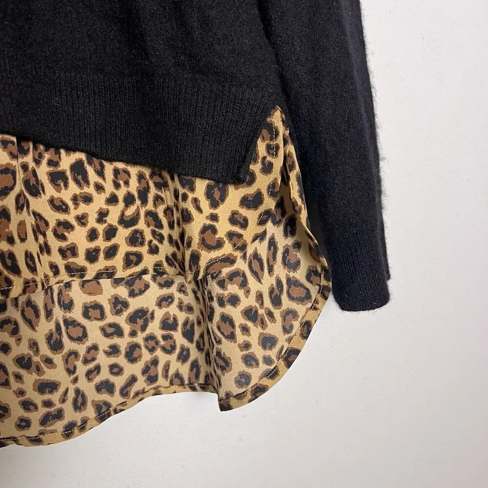 Charter Club Women's 100% Cashmere Leopard Print Trimmed Sweater Sz M Black - Picture 3 of 11